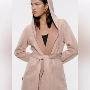 Zara Light Pink Faux Suede Hooded Raw Edge Front Belted Zara Jacket M